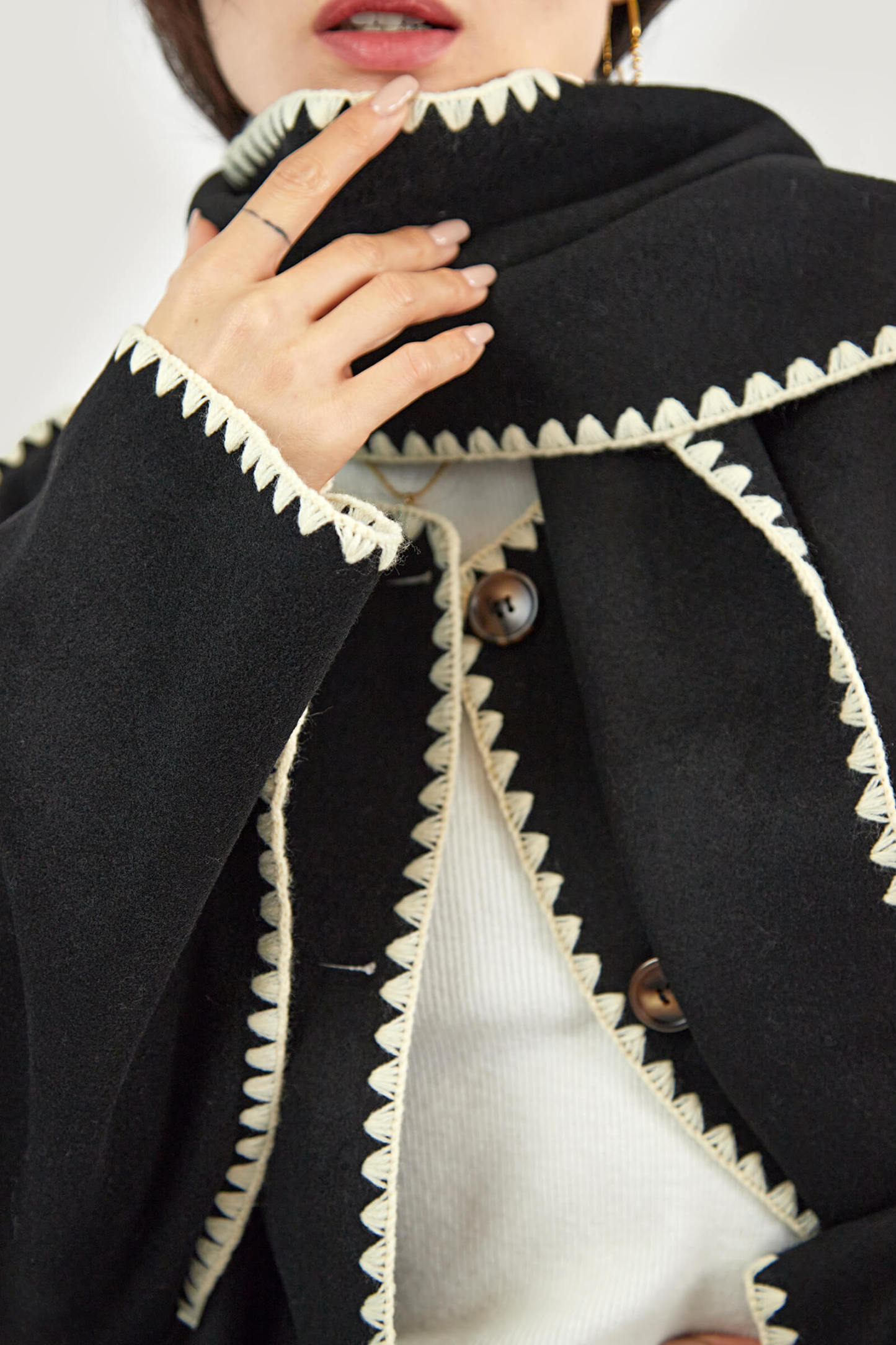 Black Contrast Drop Shoulder Wool-Blend Tweed Coat with Scarf