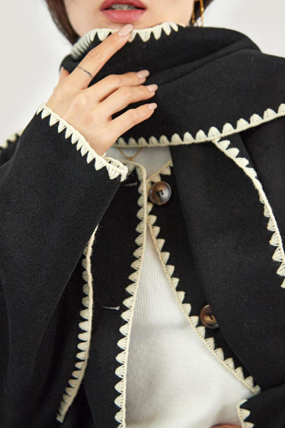 Black Contrast Drop Shoulder Wool-Blend Tweed Coat with Scarf