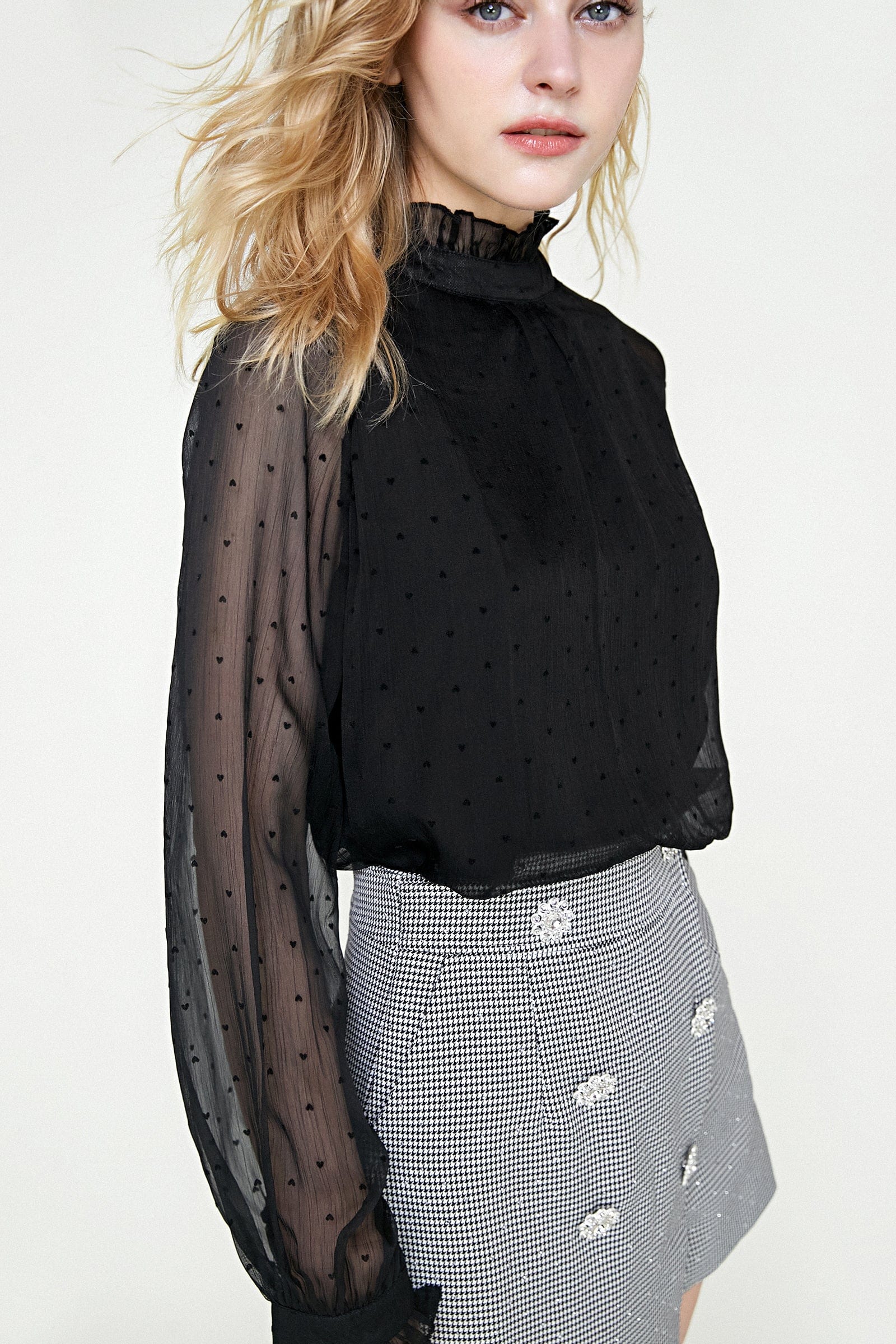 Black Polka Dot Mesh High Neck Blouse