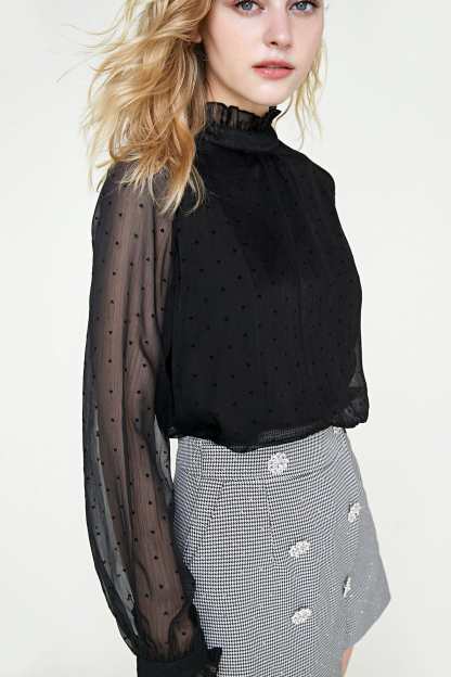 Black Polka Dot Mesh High Neck Blouse