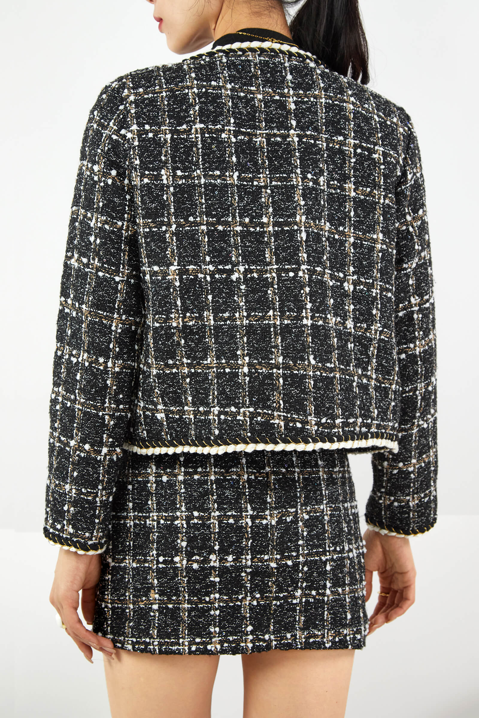 Black Plaid Tweed Fake Flap Pocket Jacket & Skirt Two-Piece Set