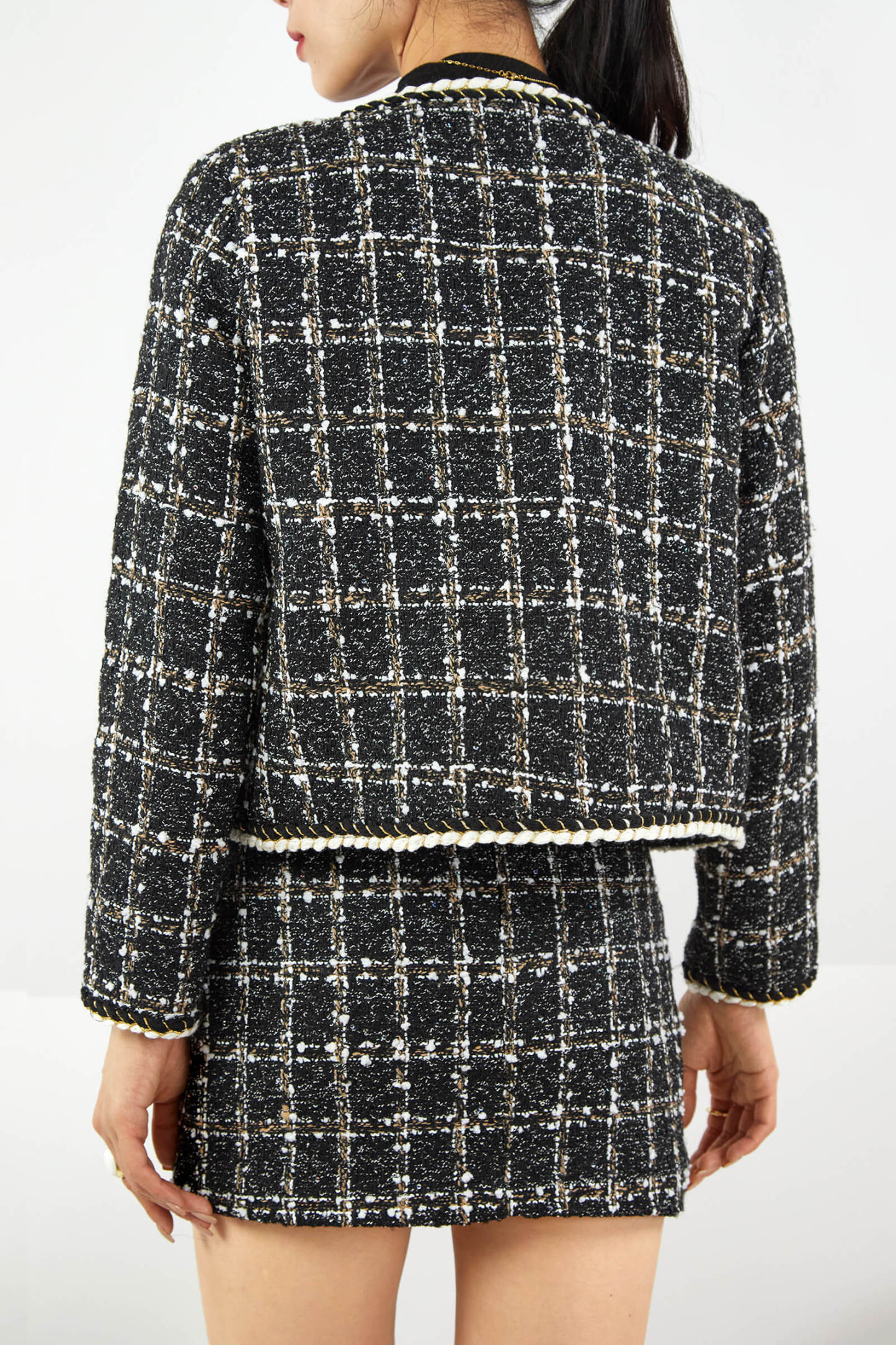 Black Plaid Tweed Fake Flap Pocket Jacket & Skirt Two-Piece Set