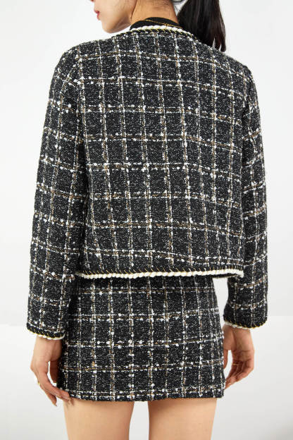 Black Plaid Tweed Fake Flap Pocket Jacket & Skirt Two-Piece Set