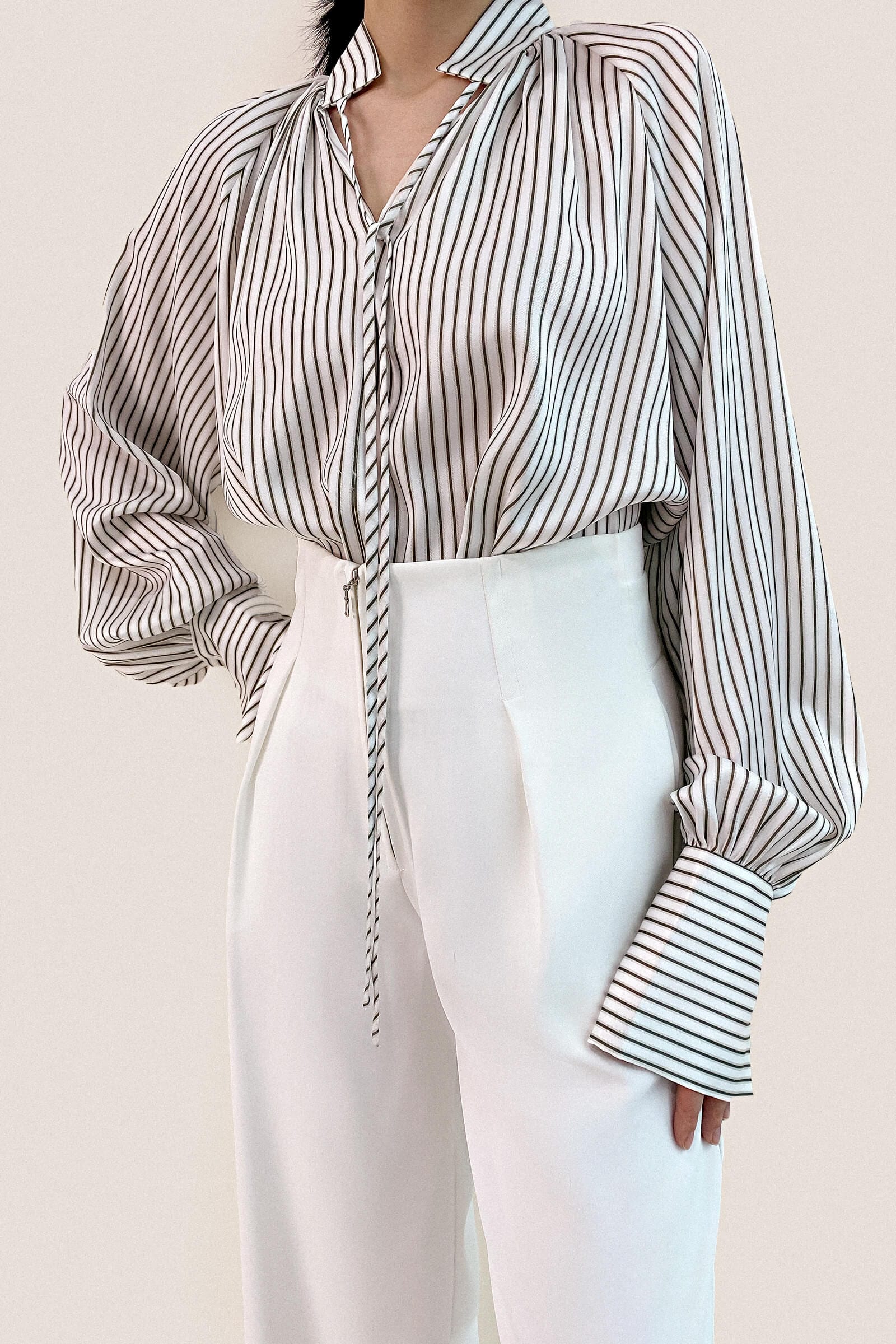 White High Neck Tie Detail Striped Blouse