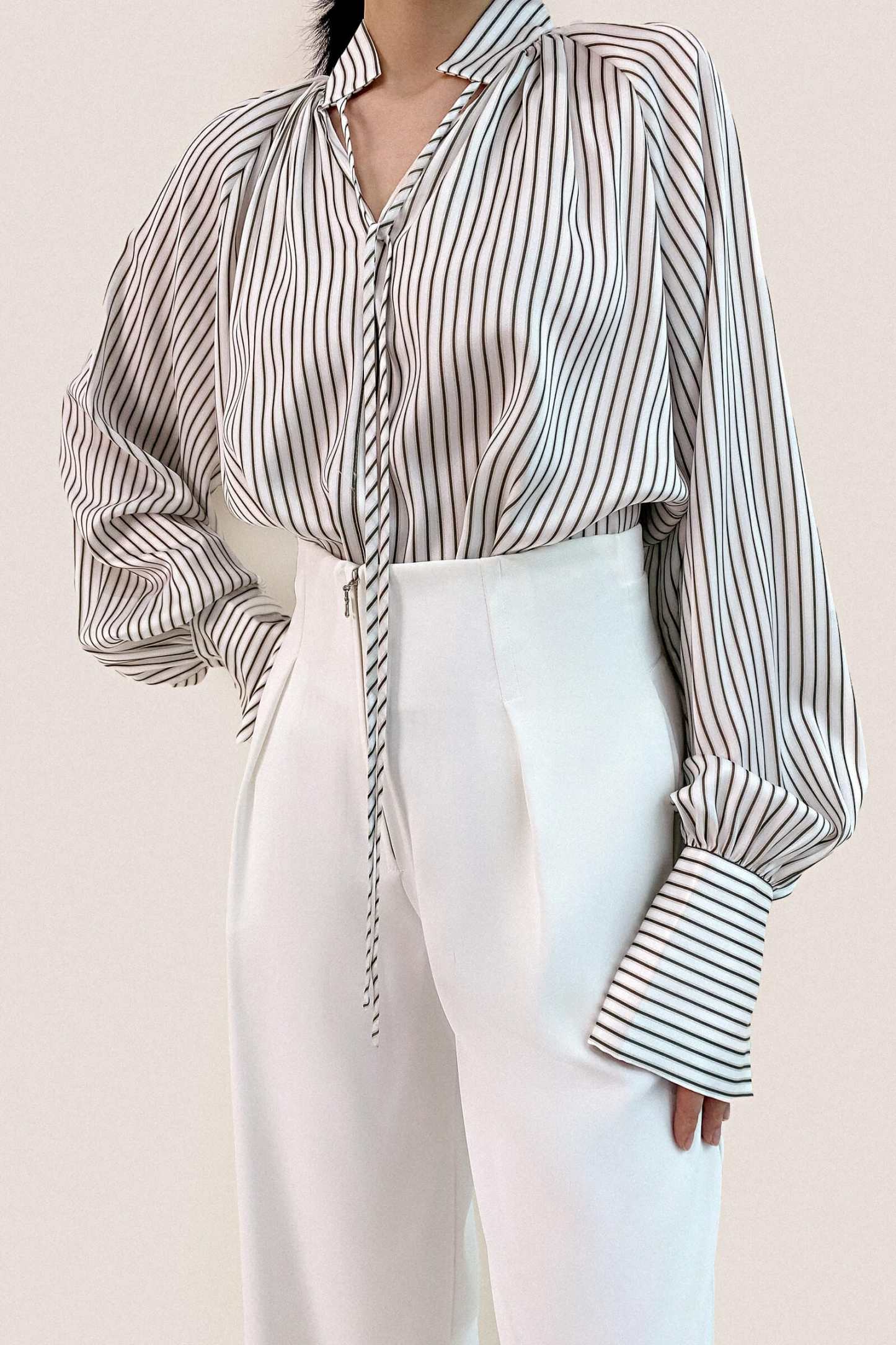 White High Neck Tie Detail Striped Blouse