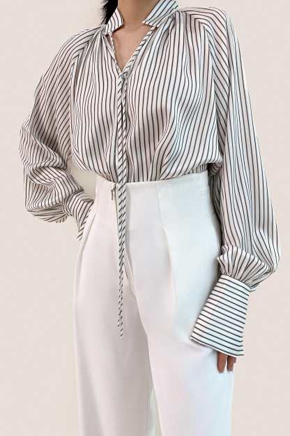 White High Neck Tie Detail Striped Blouse