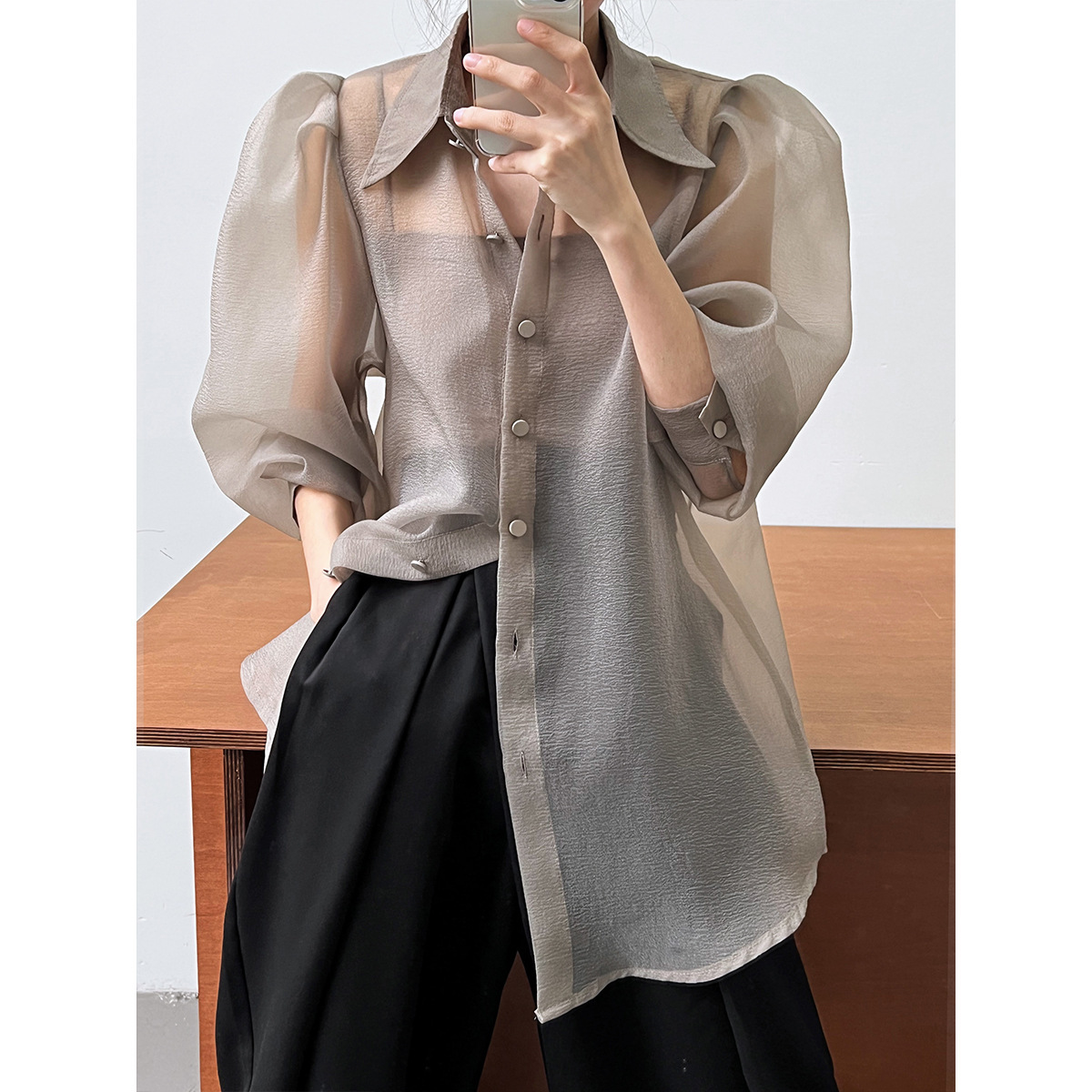 Puff Sleeve Long Sleeve Shirt Grey