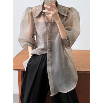 Puff Sleeve Long Sleeve Shirt Grey