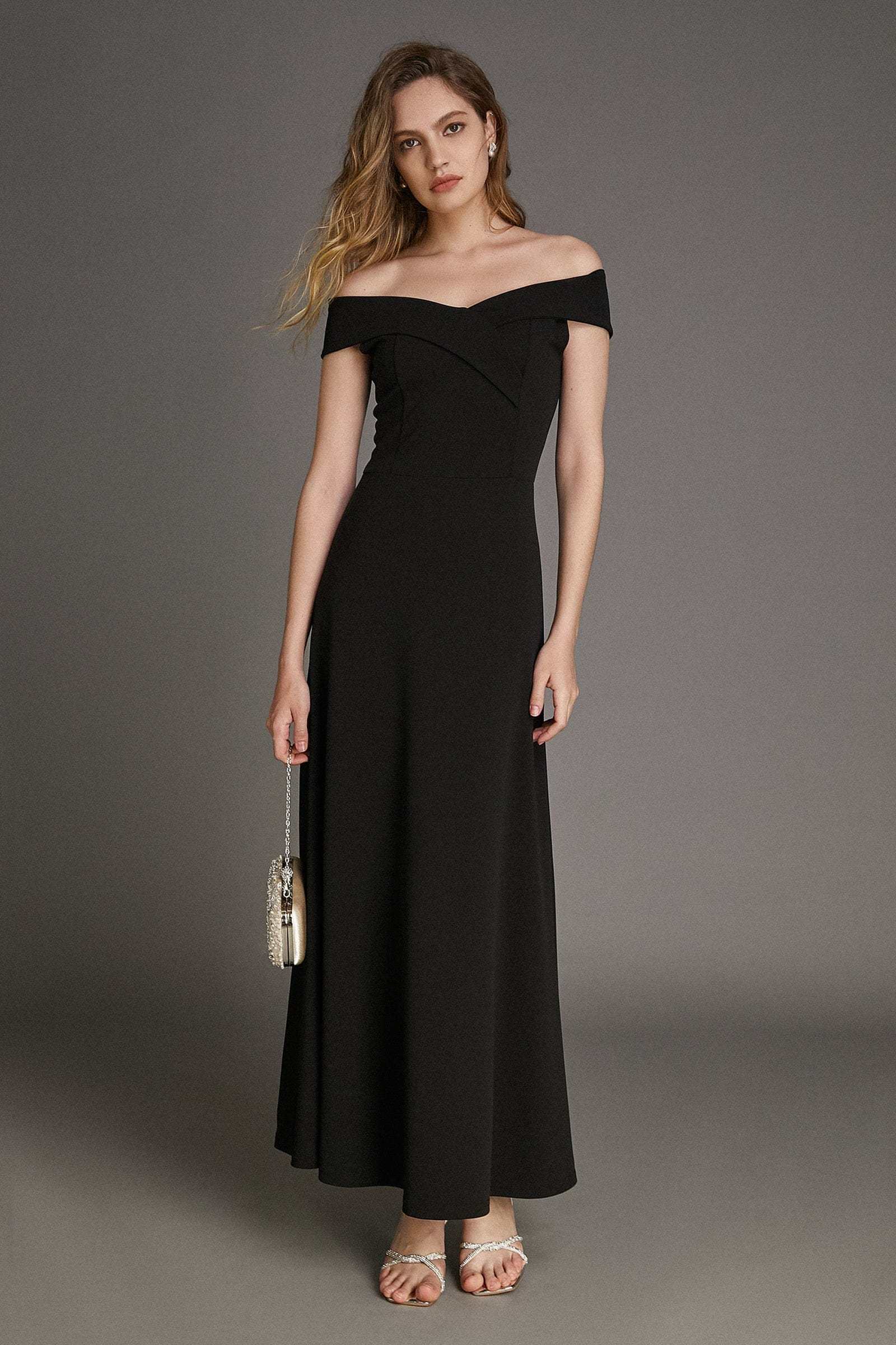 Black Off-the-Shoulder A-line Maxi Dress