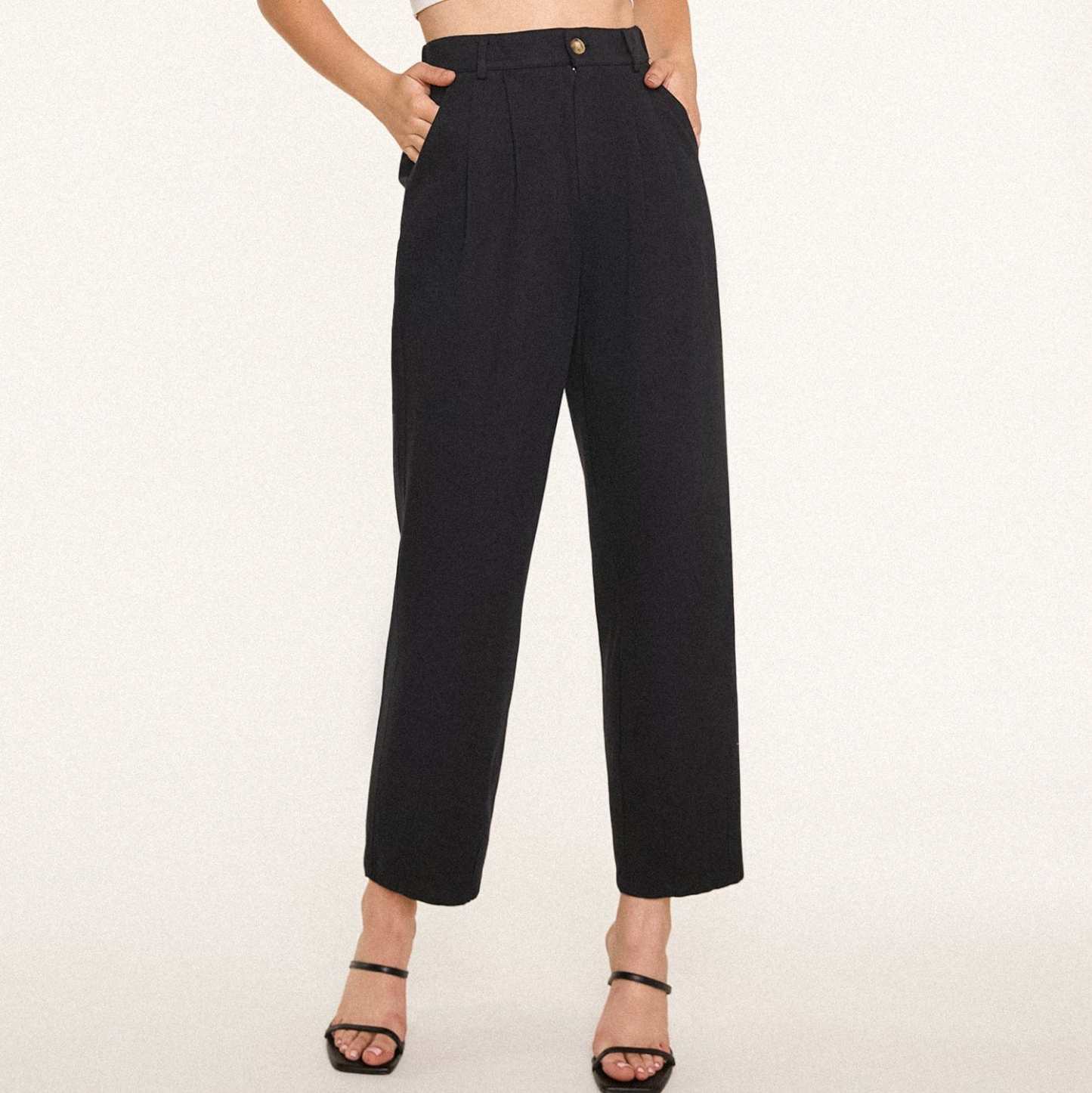 Black Twill Wide Leg Work Pants-J.ING