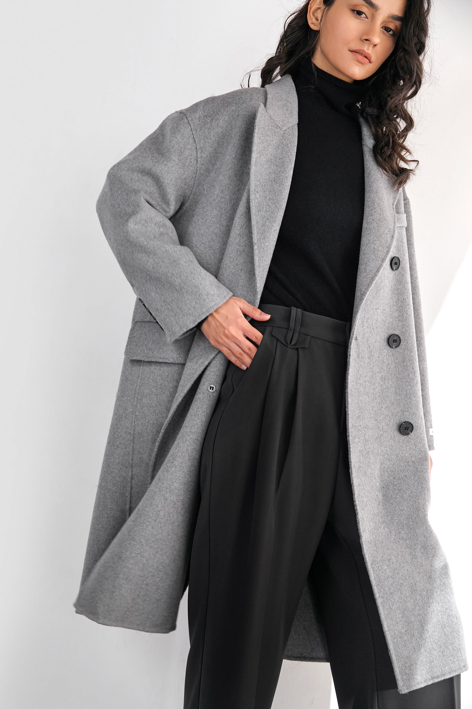 Meridian Light Gray Wool Double-Breasted Oversized Coat