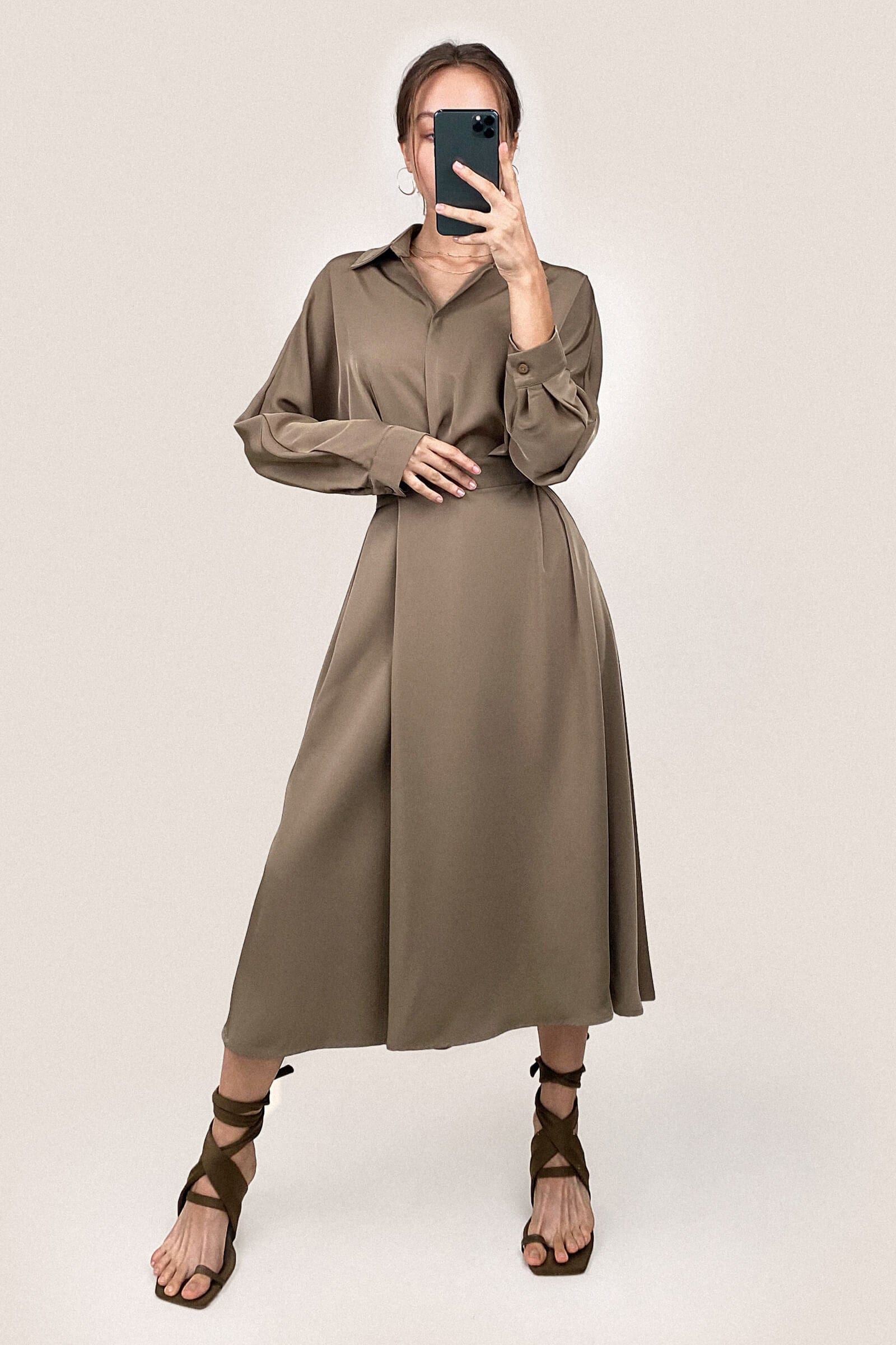 Brown Surplice Pleat Detail A-Line Maxi Shirt Dress