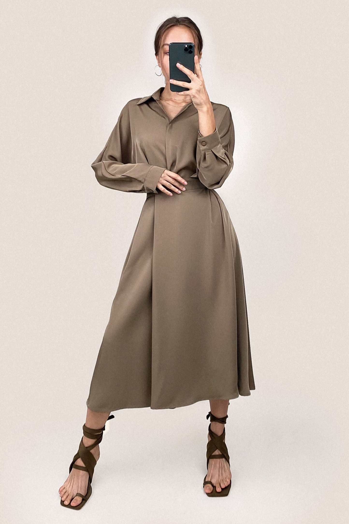 Brown Surplice Pleat Detail A-Line Maxi Shirt Dress