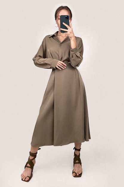 Brown Surplice Pleat Detail A-Line Maxi Shirt Dress