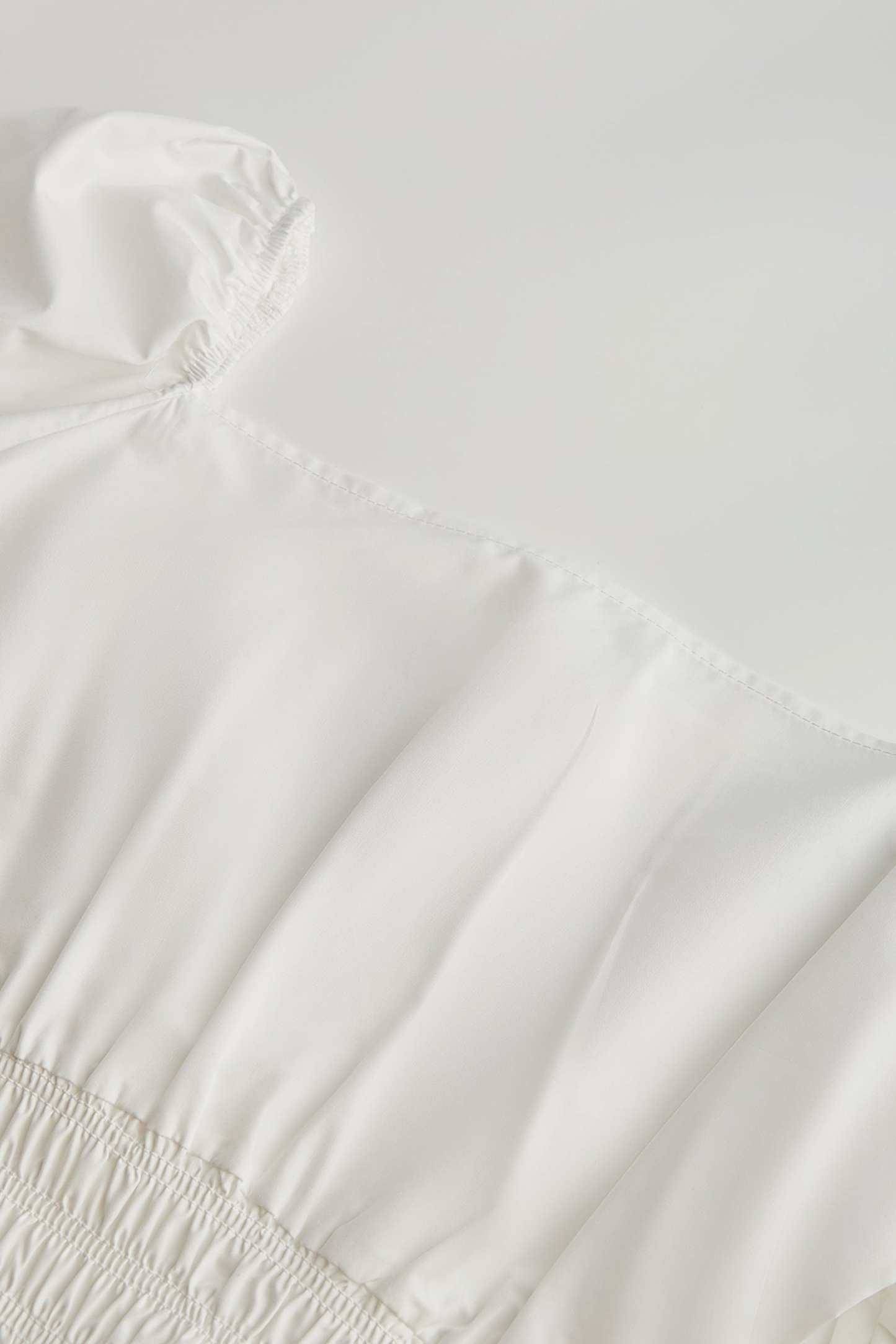 White Ruched Drawstring Smocked Cropped Blouse