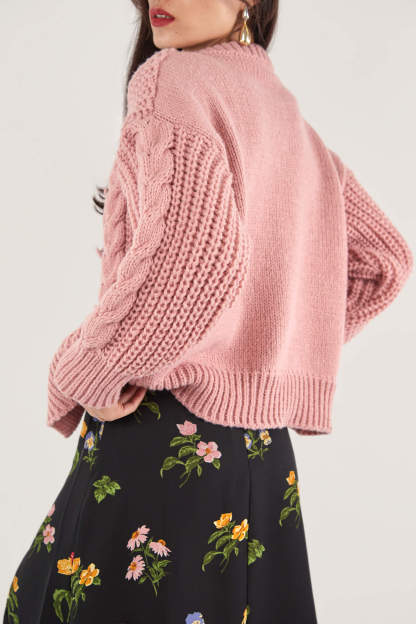 Dark Salmon Cable-Knit Button-Up Cardigan