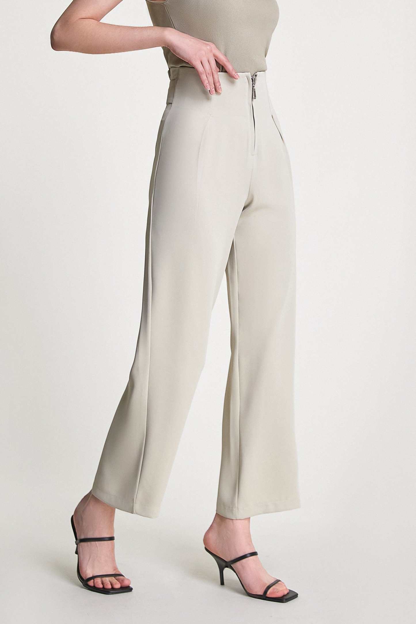 Tan Zip Front Straight Leg Tailored Pants