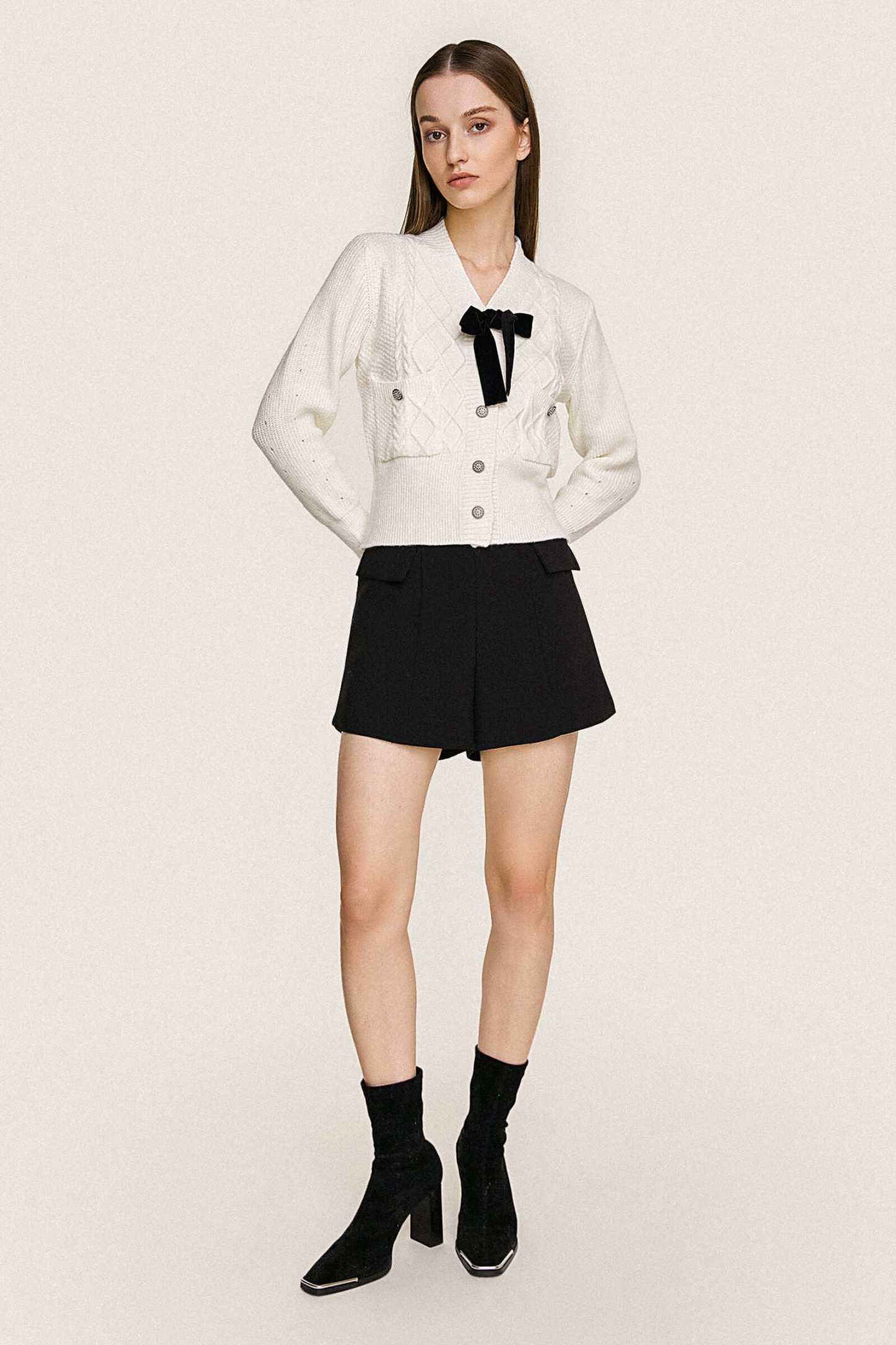 White Bow Detail Button-Up Cardigan