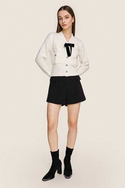 White Bow Detail Button-Up Cardigan