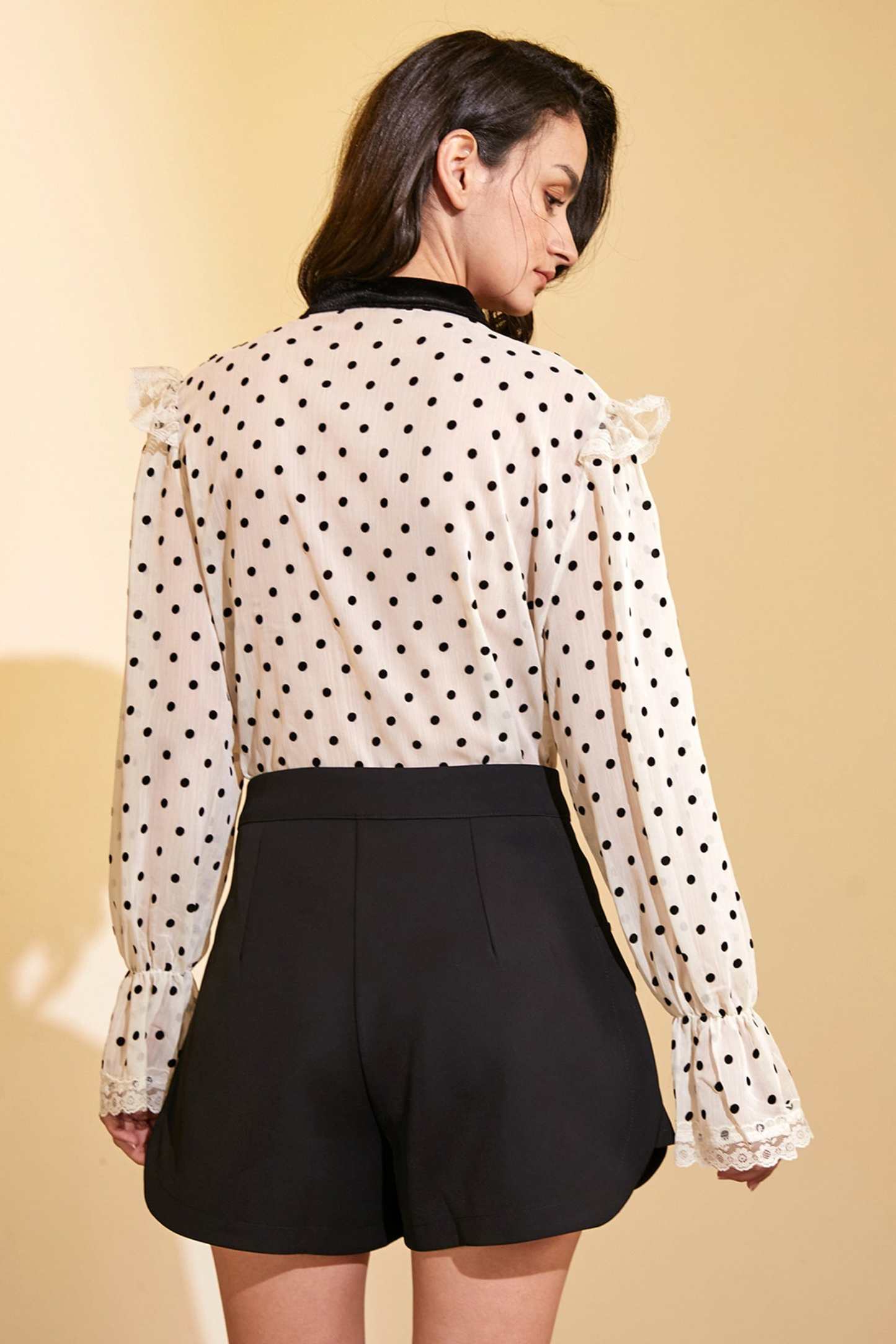 Beige Polka Dot Tie-Neck Blouse