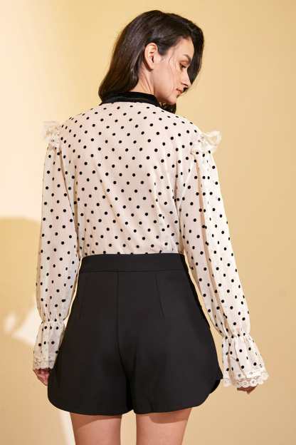 Beige Polka Dot Tie-Neck Blouse