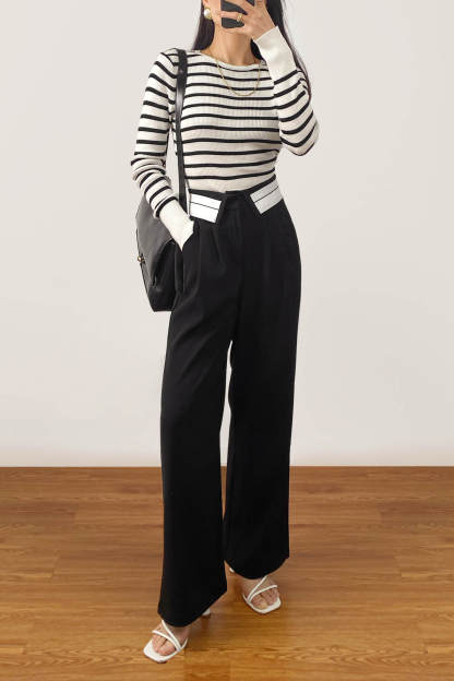 Black Contrast Foldover Waist Wide Leg Pants