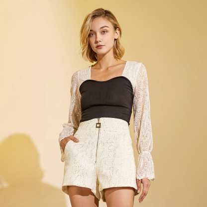 Black Ribbed Lace Long Sleeve Blouse