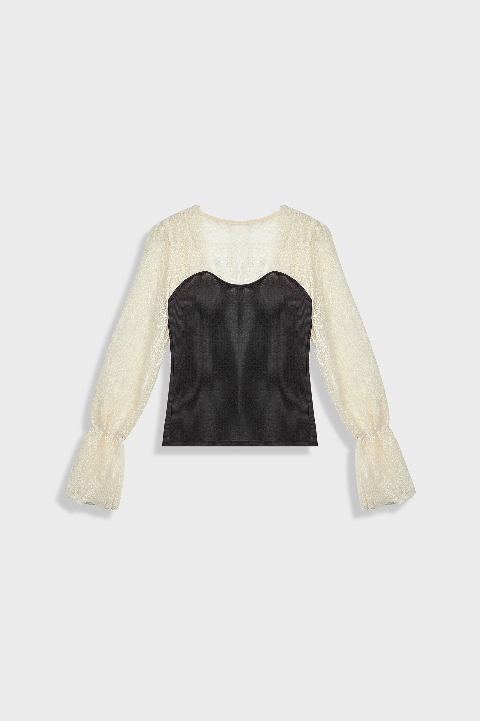 Black Ribbed Lace Long Sleeve Blouse