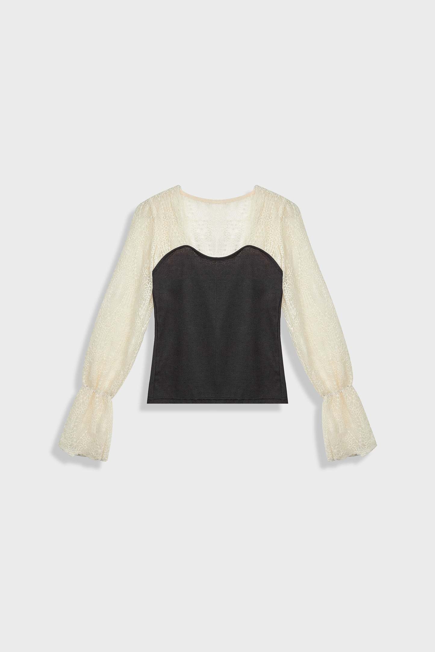 Black Ribbed Lace Long Sleeve Blouse