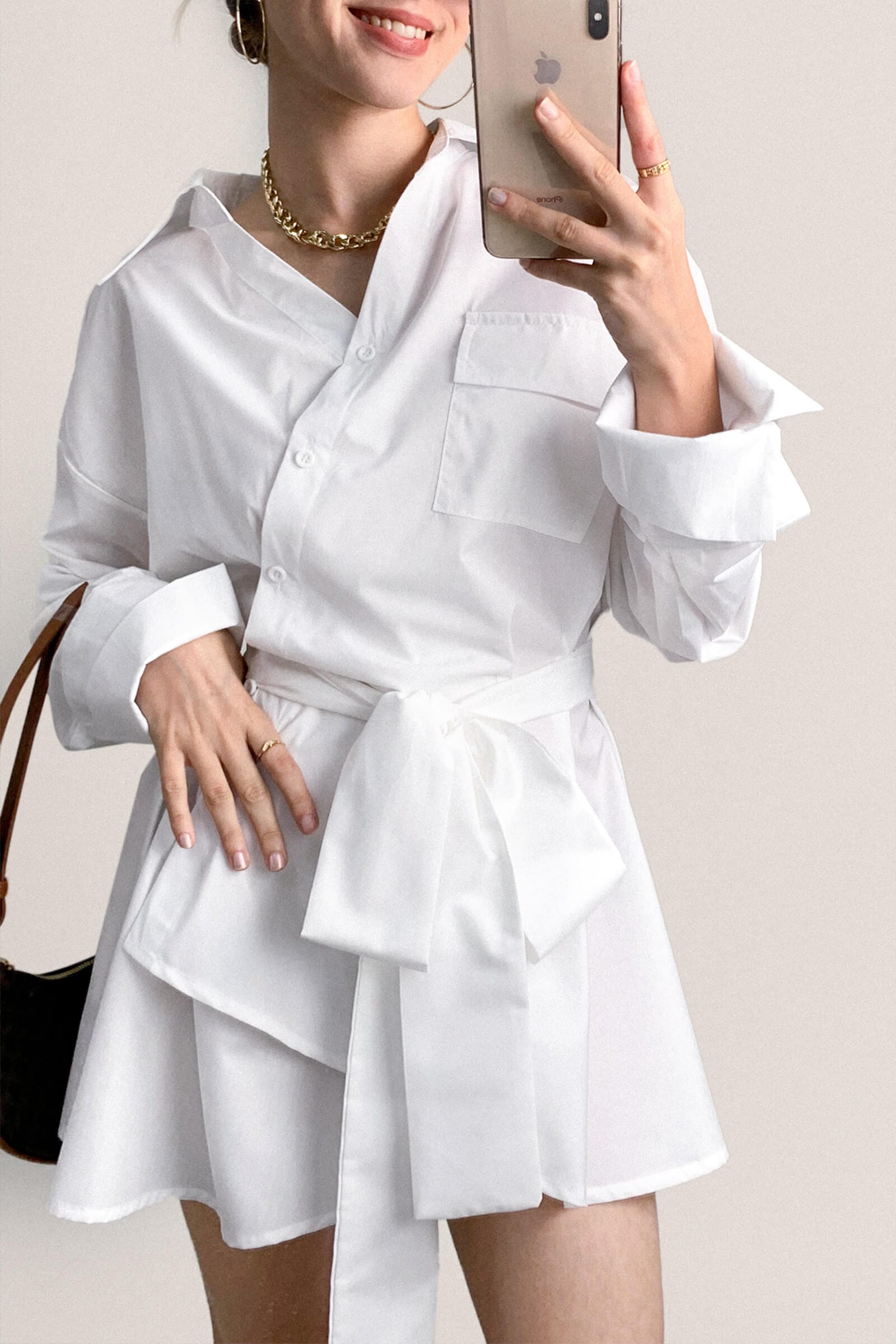 White Wrap-Effect Tie Waist Button-Up Mini Shirt Dress