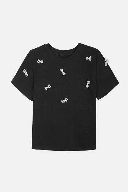 Black Faux-Pearl Bow Embellished Cotton Blouse