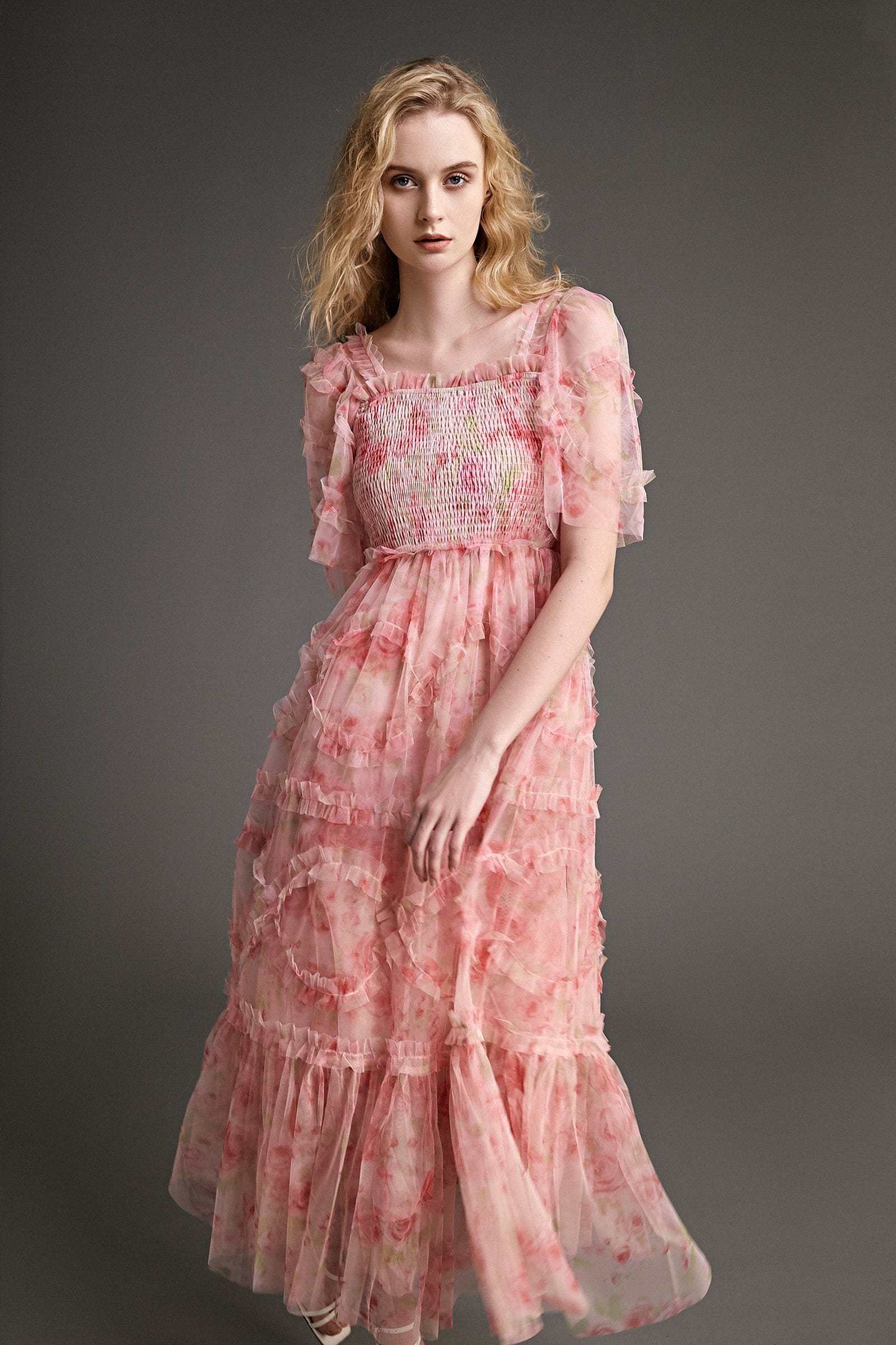 Pink Ruffled Smocked Floral Print Mesh Maxi Dress-J.ING