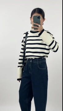 White Roll Neck Striped Ribbed Pullover Sweater