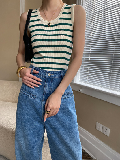 Green Striped Slim-Fit Knit Vest
