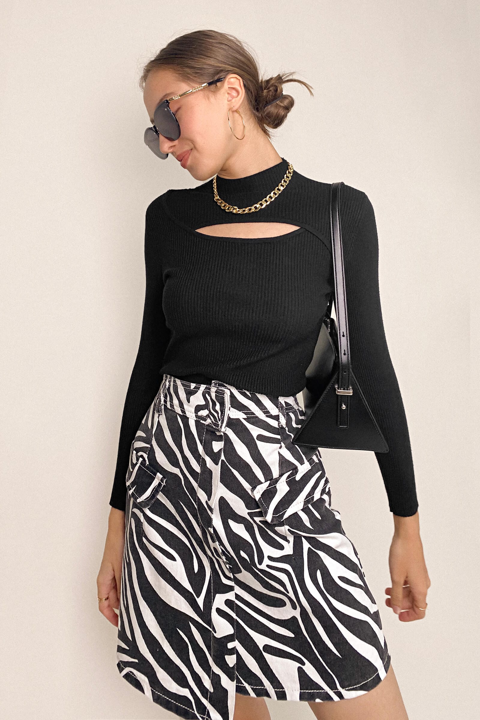 Black Mock Neck Front Cut Out Ribbed Knit Sweater