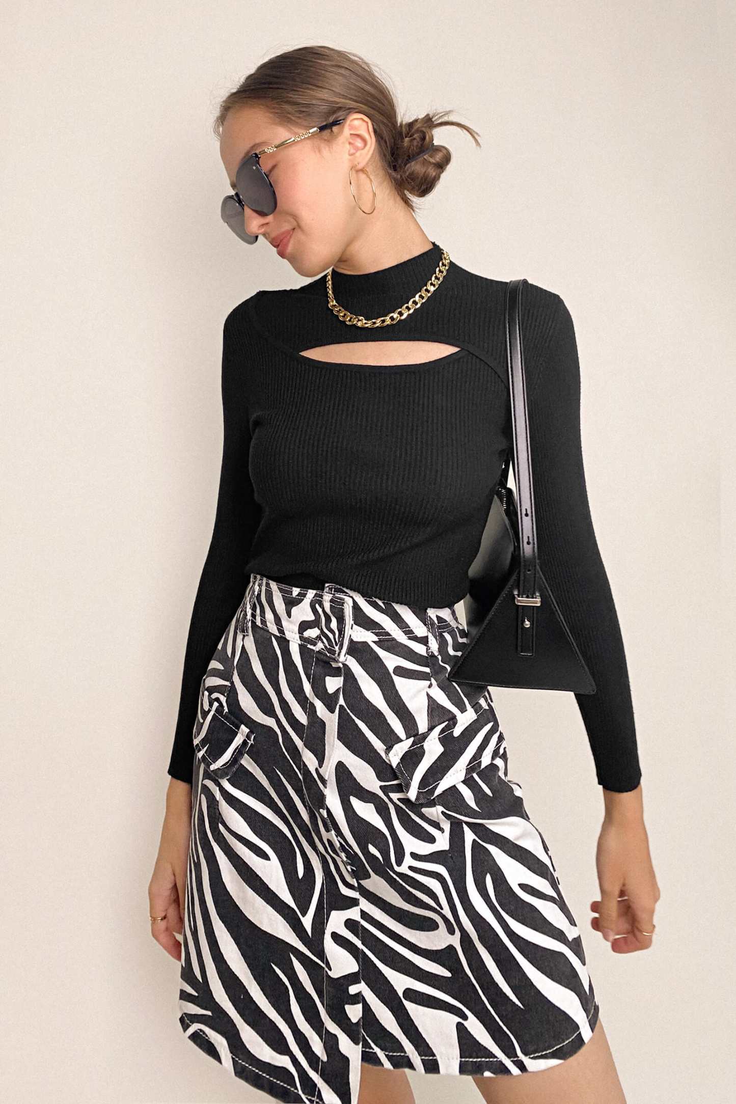 Black Mock Neck Front Cut Out Ribbed Knit Sweater
