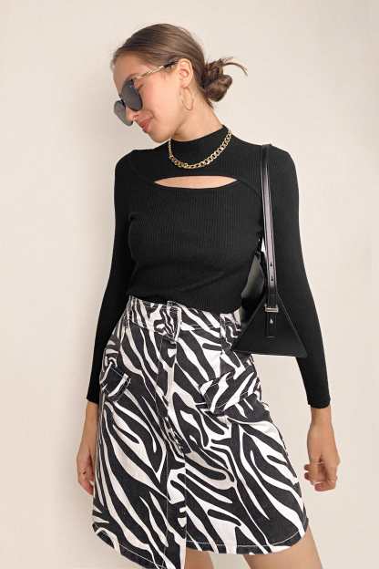 Black Mock Neck Front Cut Out Ribbed Knit Sweater