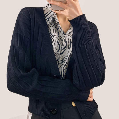Black Plunge V-Neck Ribbed Knit Cardigan