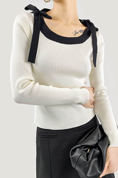 Beige Square Neck Tie Detail Sweater