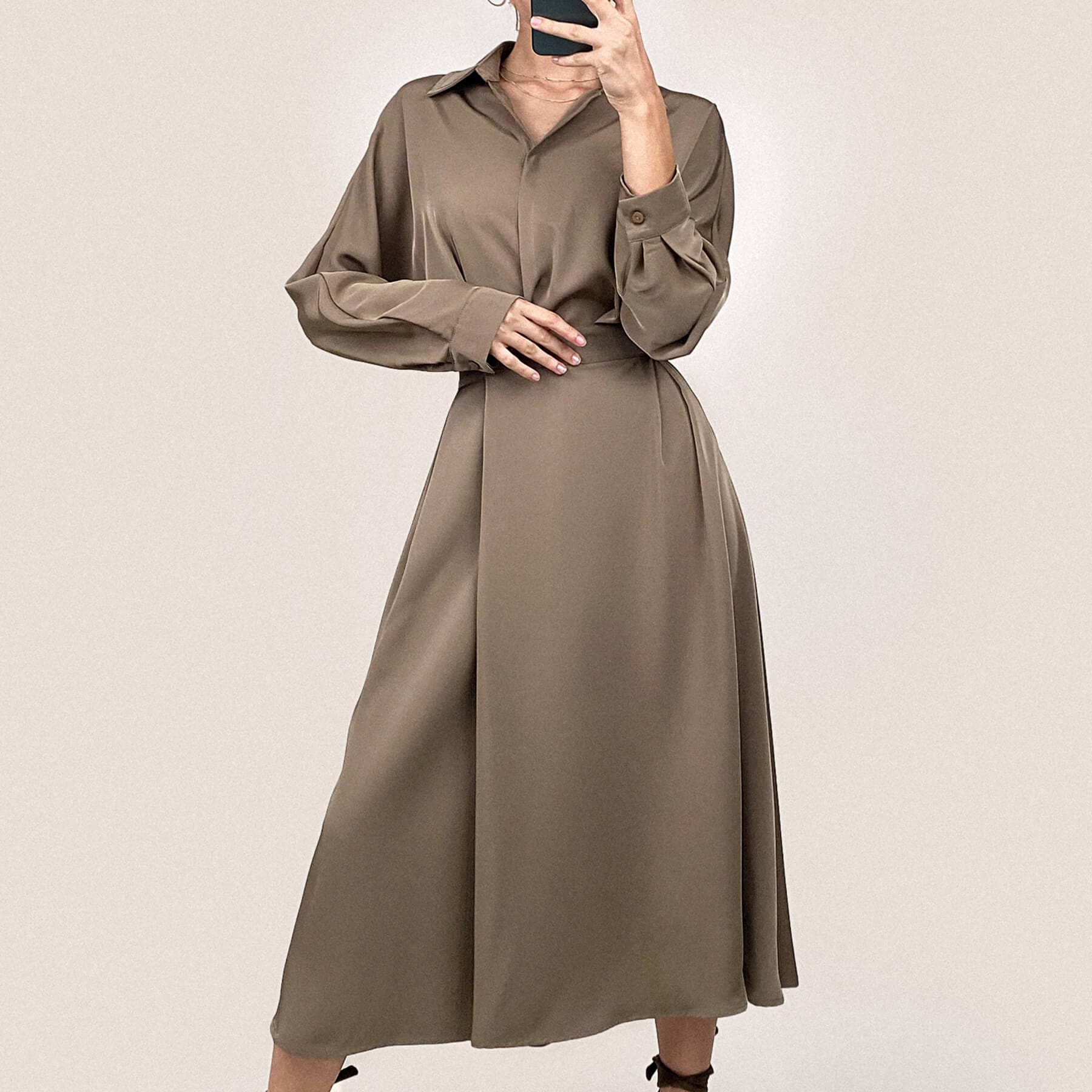 Brown Surplice Pleat Detail A-Line Maxi Shirt Dress