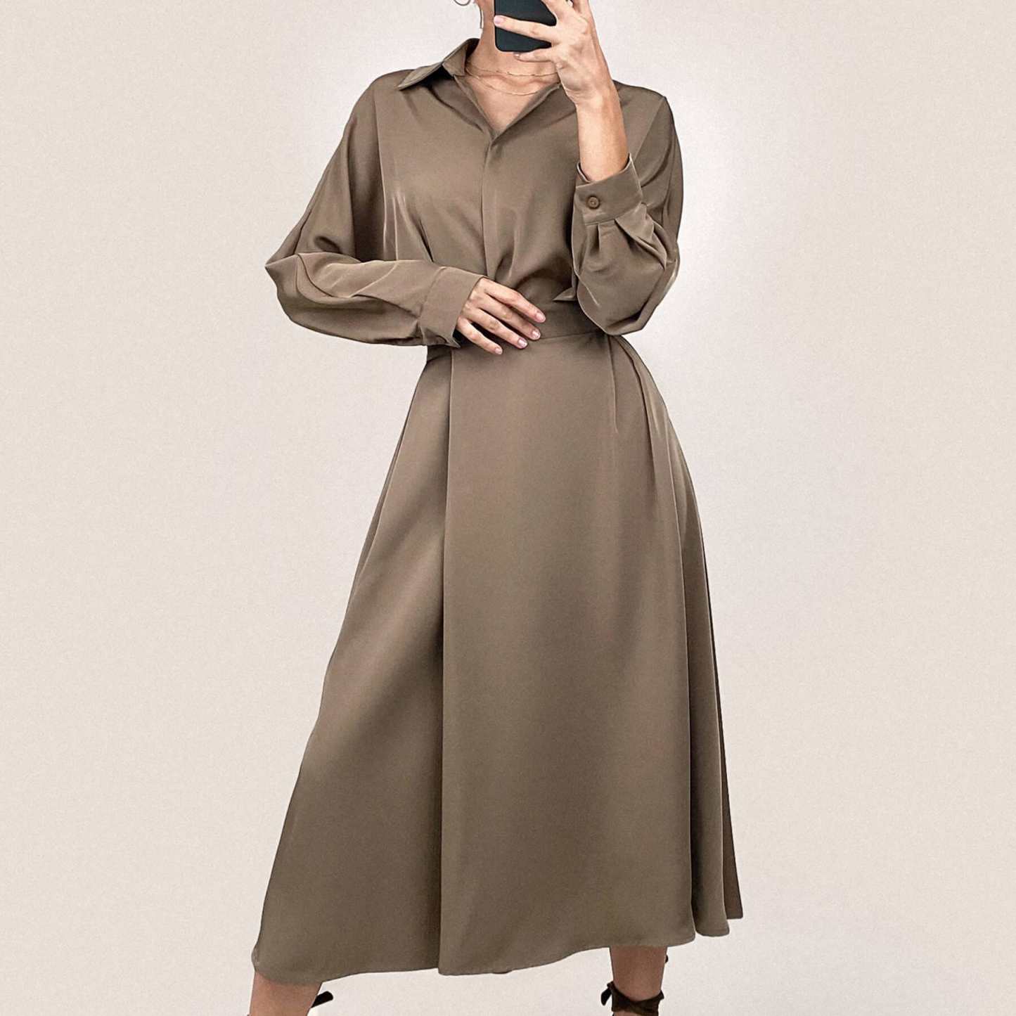 Brown Surplice Pleat Detail A-Line Maxi Shirt Dress