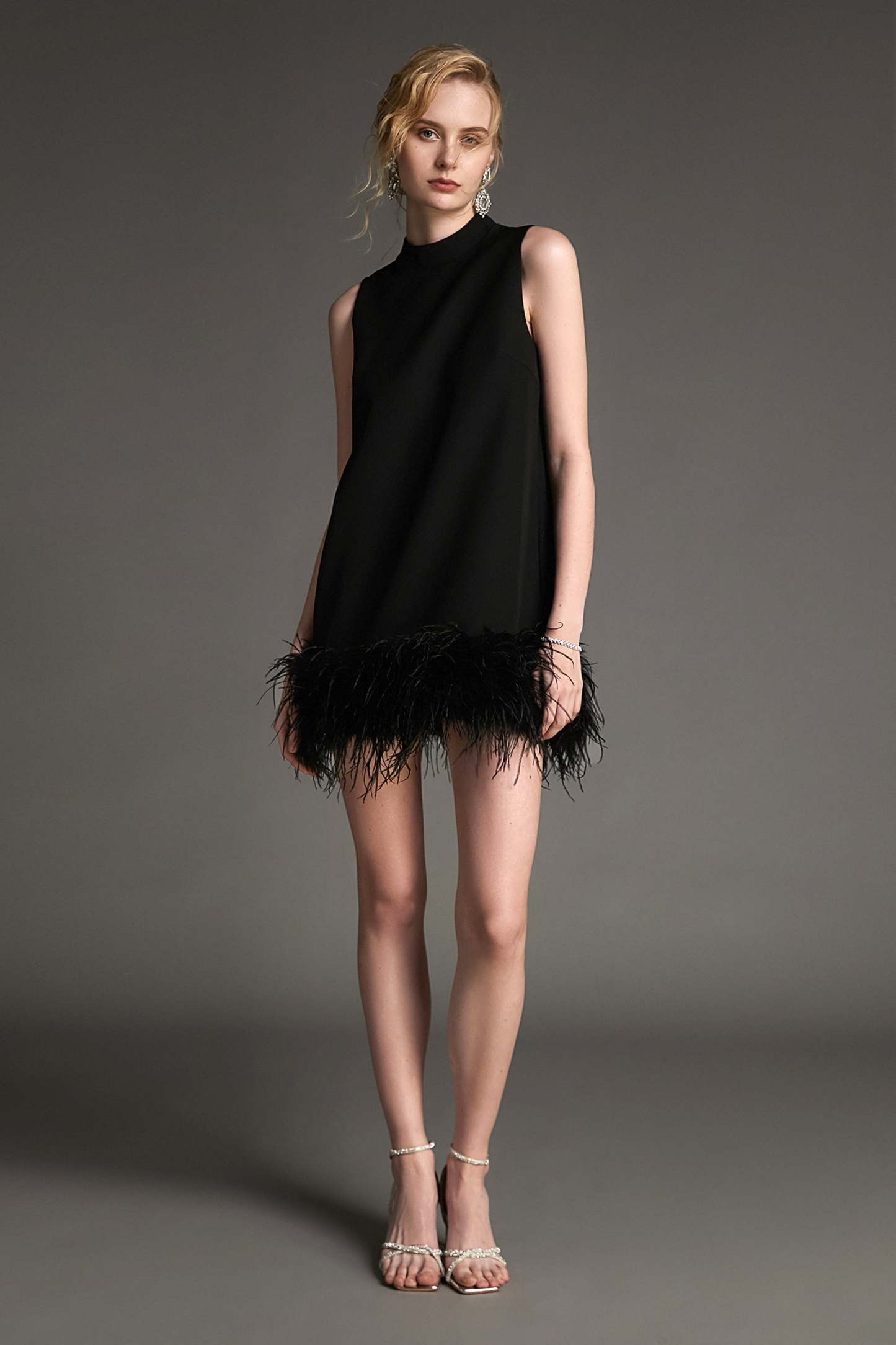 Black Sleeveless Mock Neck Feather-Trimmed Mini Dress