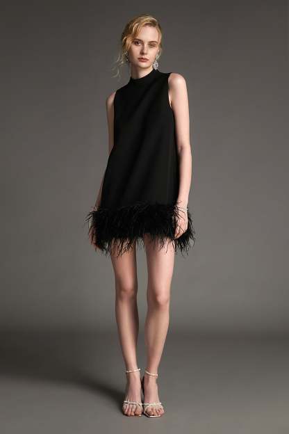 Black Sleeveless Mock Neck Feather-Trimmed Mini Dress