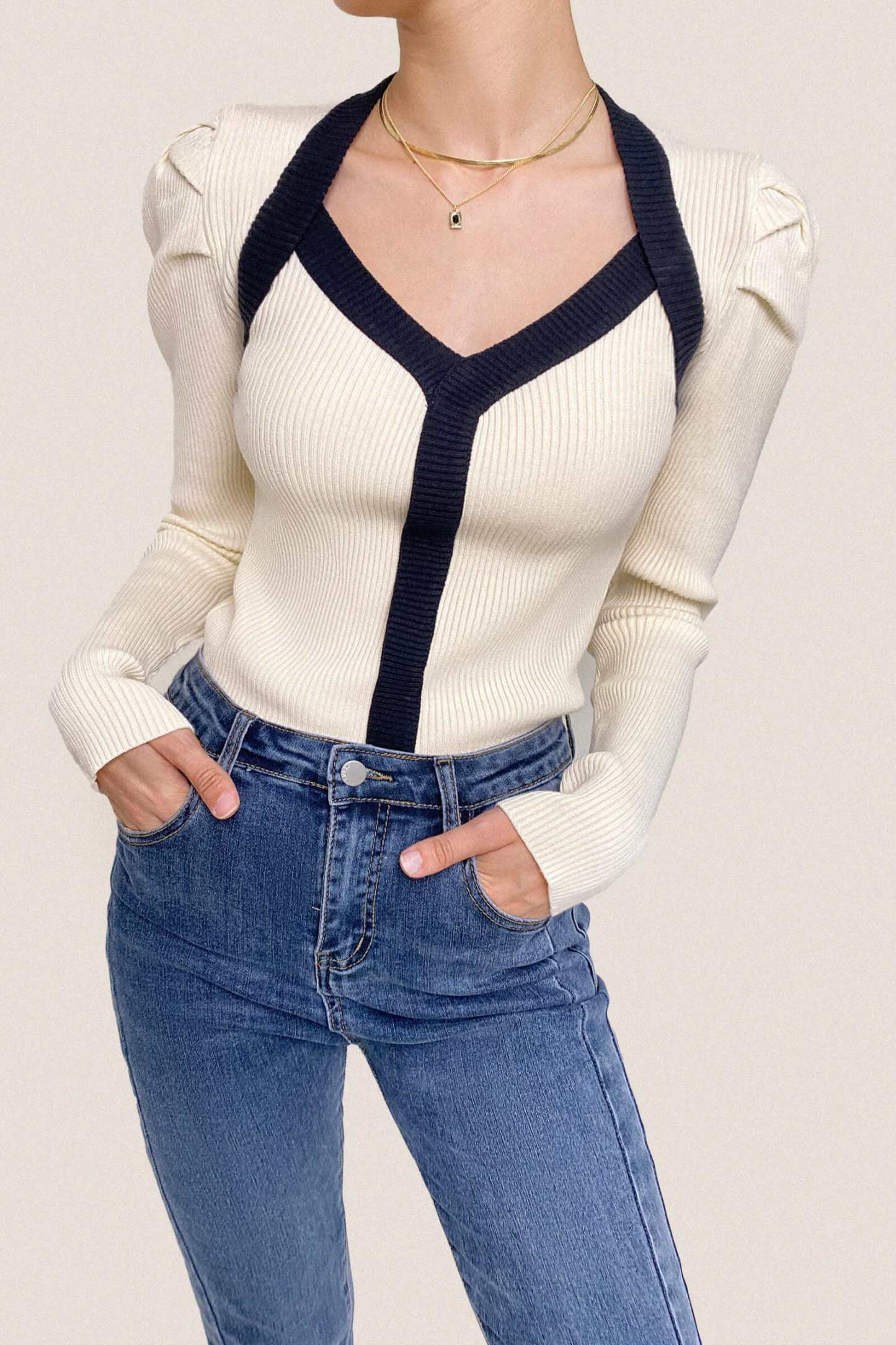Ivory Ribbed Contrast Trim Sweater
