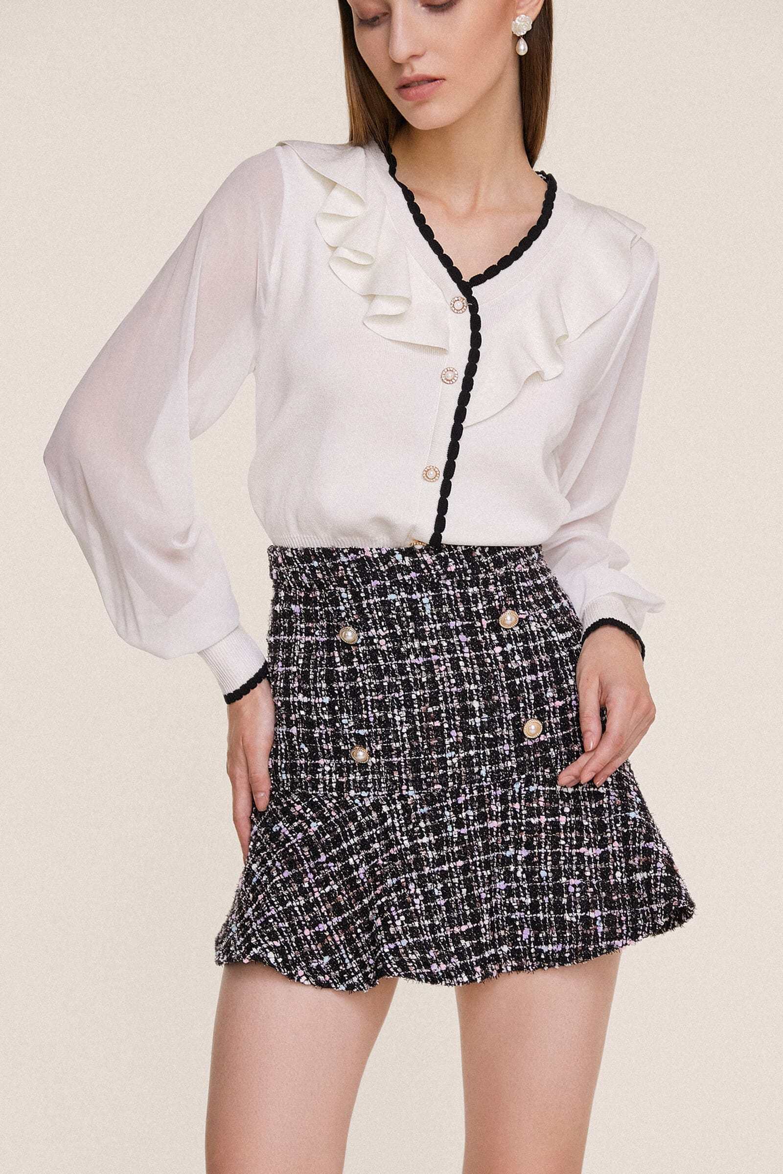 Black Flounce Hem Tweed Mini Skirt