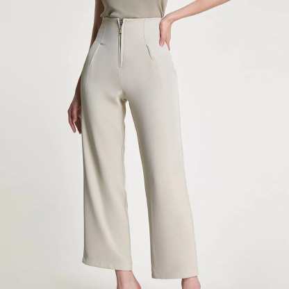 Tan Zip Front Straight Leg Tailored Pants