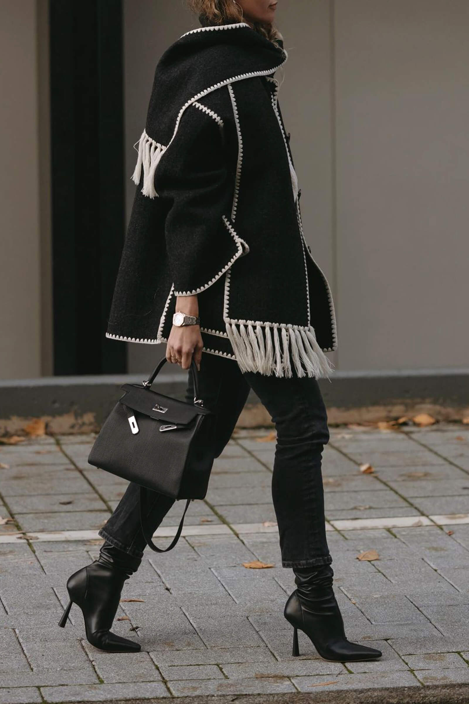 Black Contrast Drop Shoulder Wool-Blend Tweed Coat with Scarf
