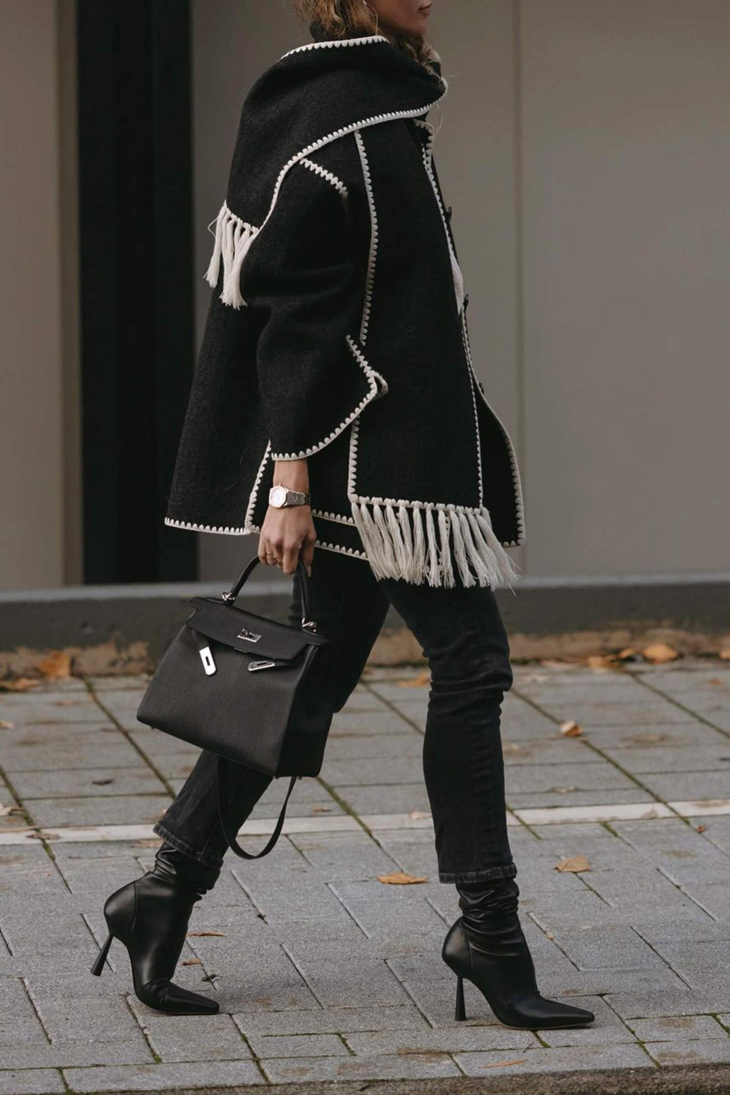 Black Contrast Drop Shoulder Wool-Blend Tweed Coat with Scarf