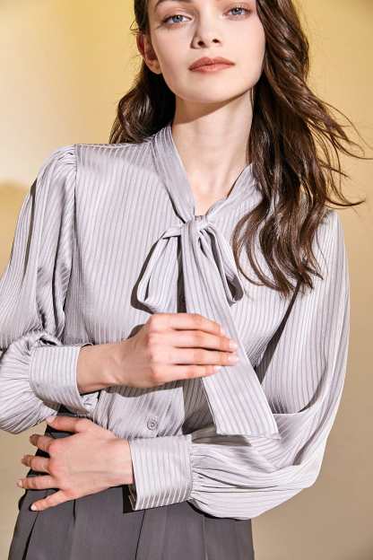 Grey Chiffon Tie-Neck Striped Shirt