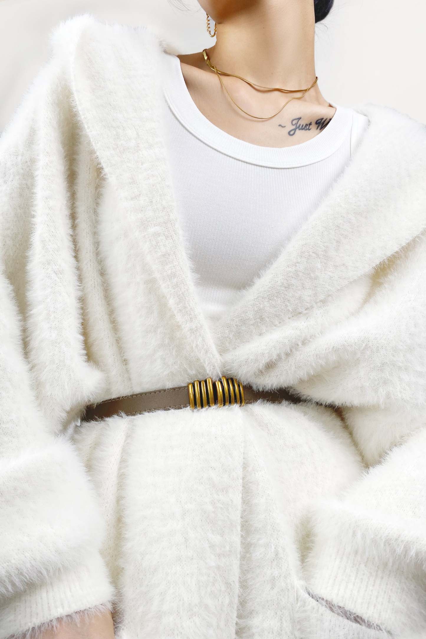 Ivory Faux Fur Open Front Hooded Long Cardigan